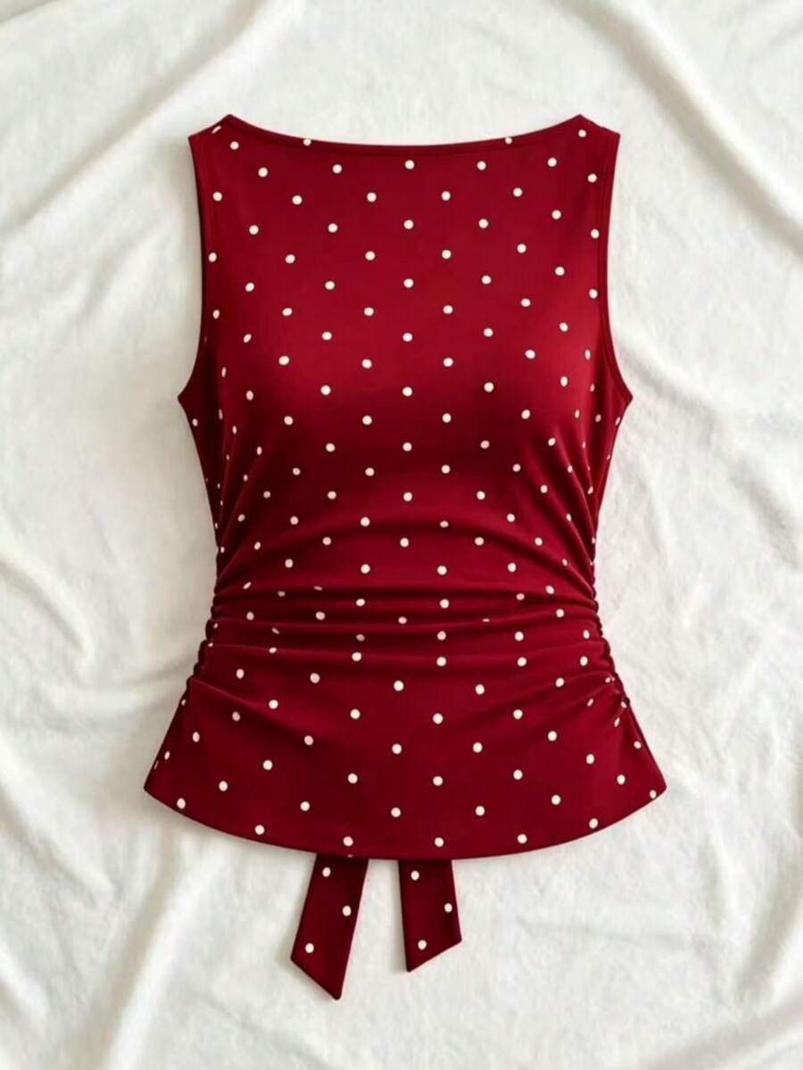 Women's cowl neck tie polka dot pleated tank blouse with ruched details and a regular fit