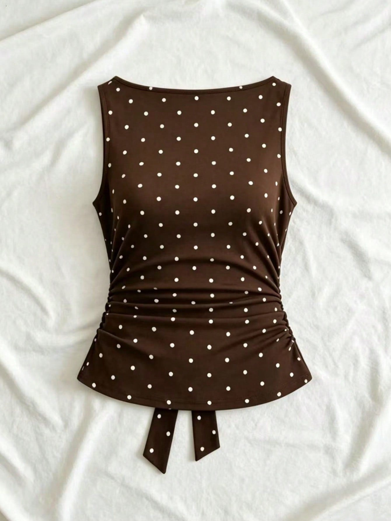 Women's cowl neck tie polka dot pleated tank blouse with ruched details and a regular fit