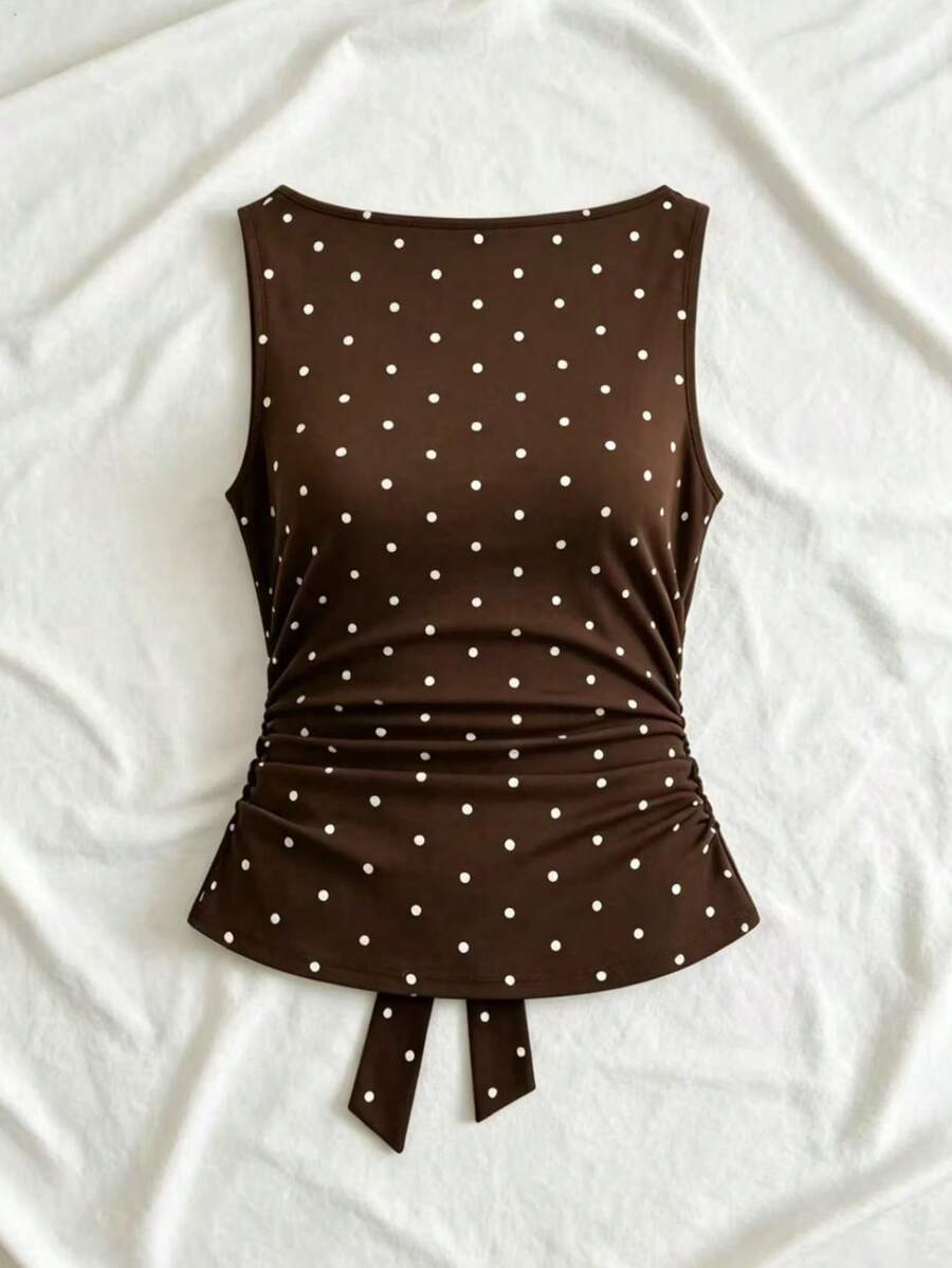 Women's cowl neck tie polka dot pleated tank blouse with ruched details and a regular fit