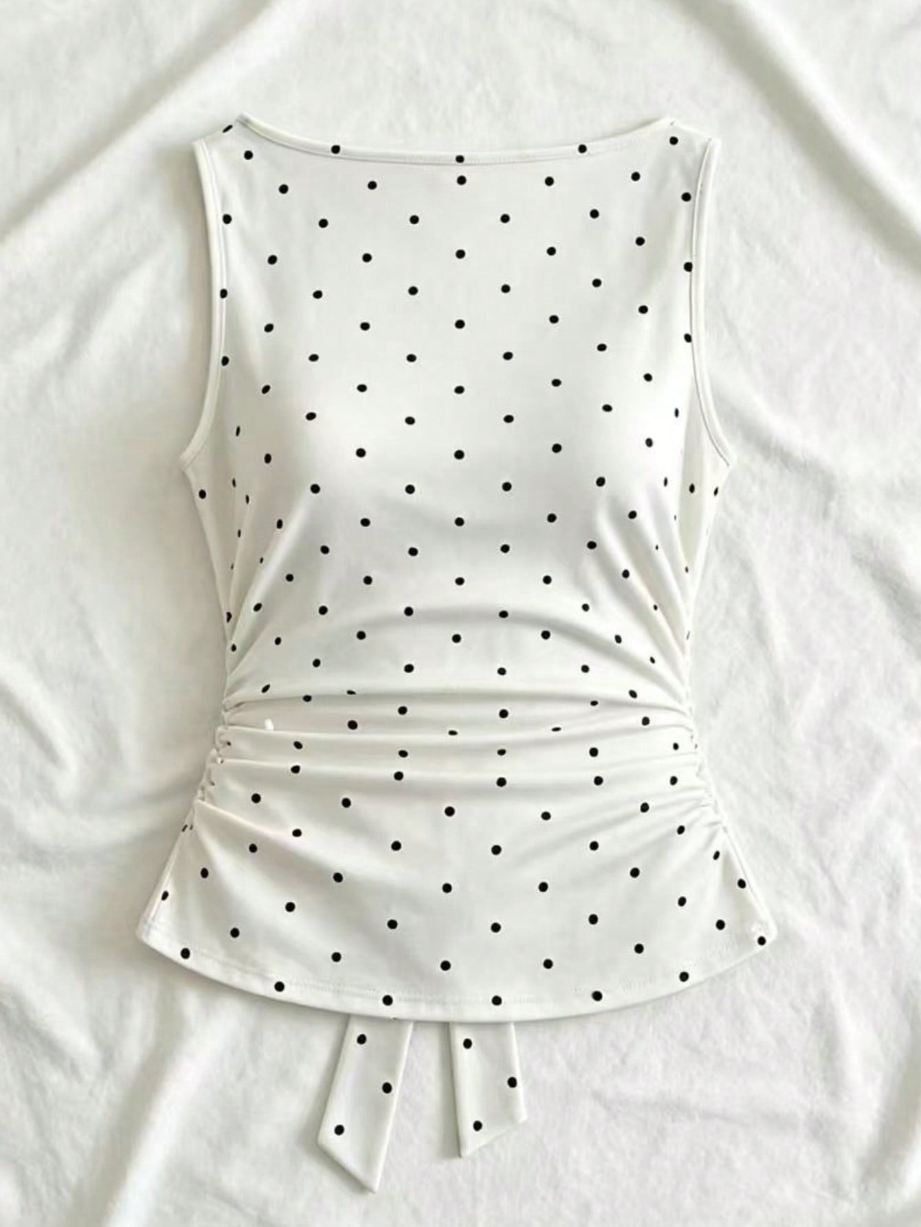 Women's cowl neck tie polka dot pleated tank blouse with ruched details and a regular fit
