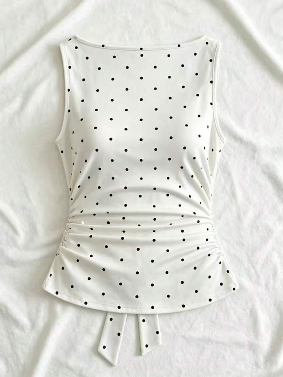 Women's cowl neck tie polka dot pleated tank blouse with ruched details and a regular fit