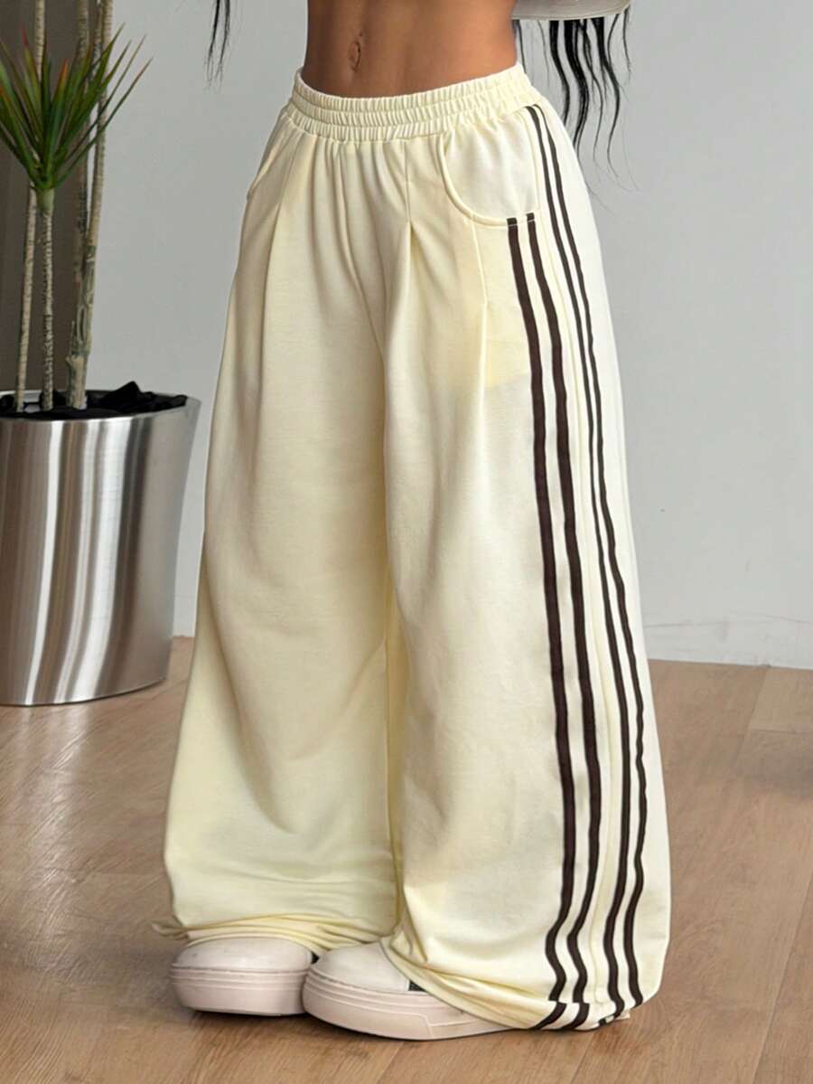 Women's loose straight leg casual pants with drawstring elastic waist and pockets