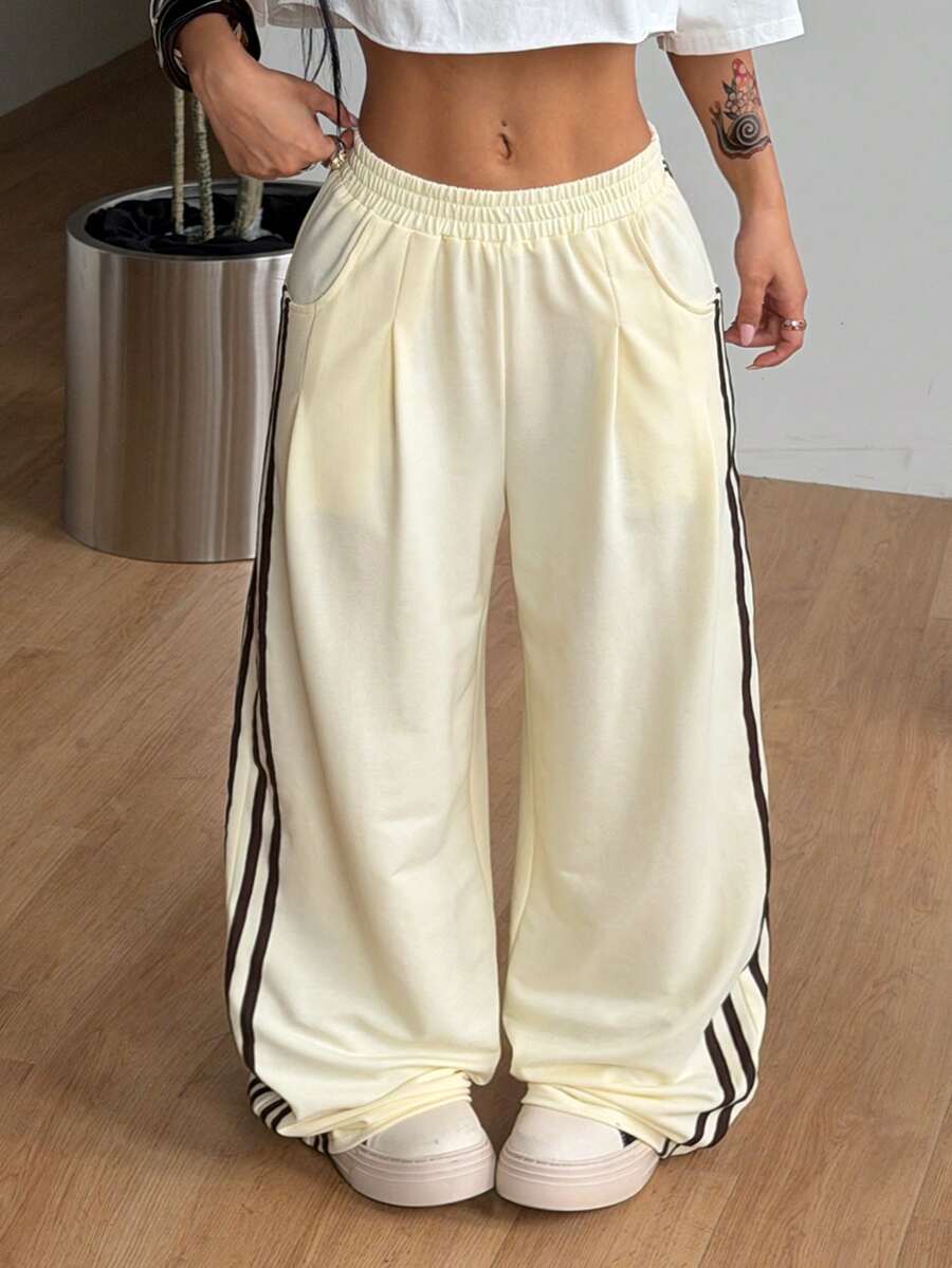 Women's loose straight leg casual pants with drawstring elastic waist and pockets