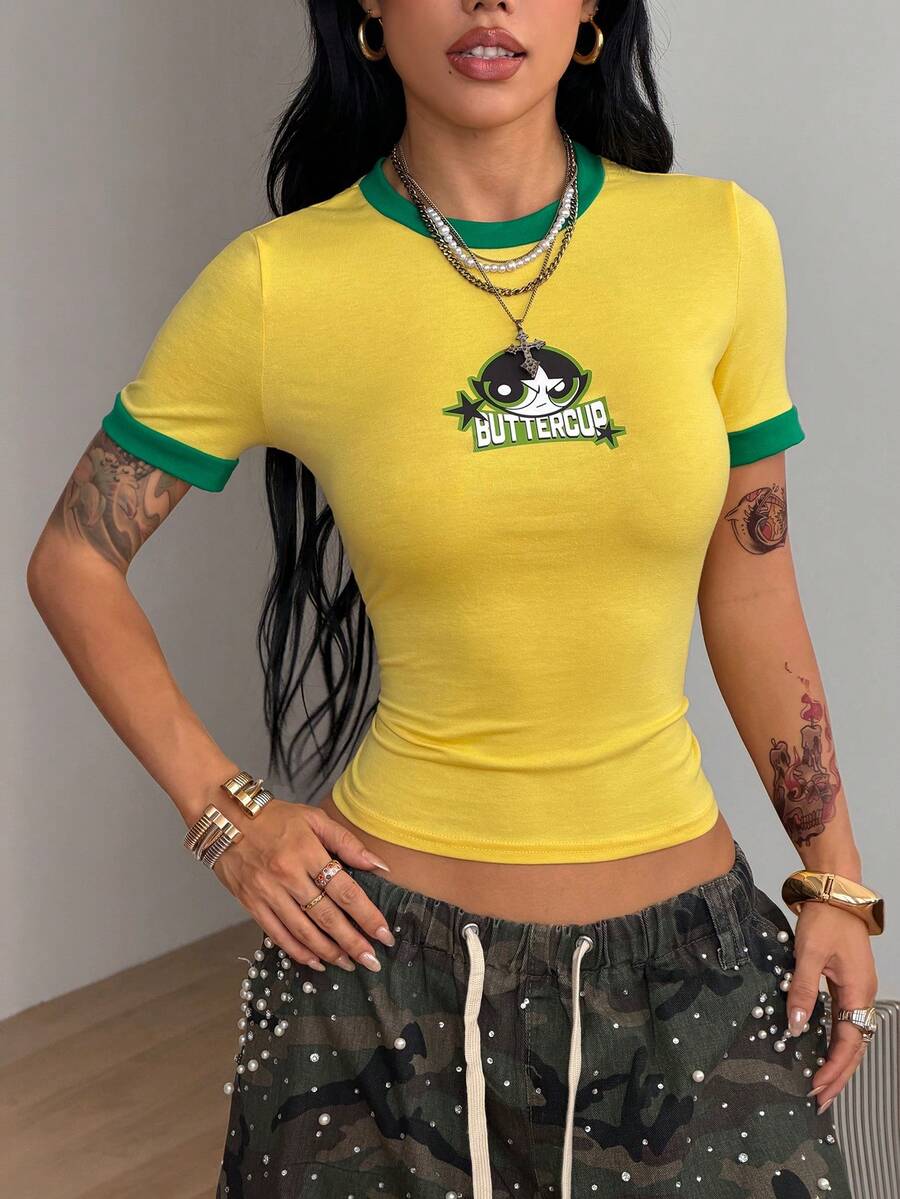 Women's short-sleeve slim fit knit jersey t-shirt featuring a round neck, letter embroidery, and contrast rib-knit trim.