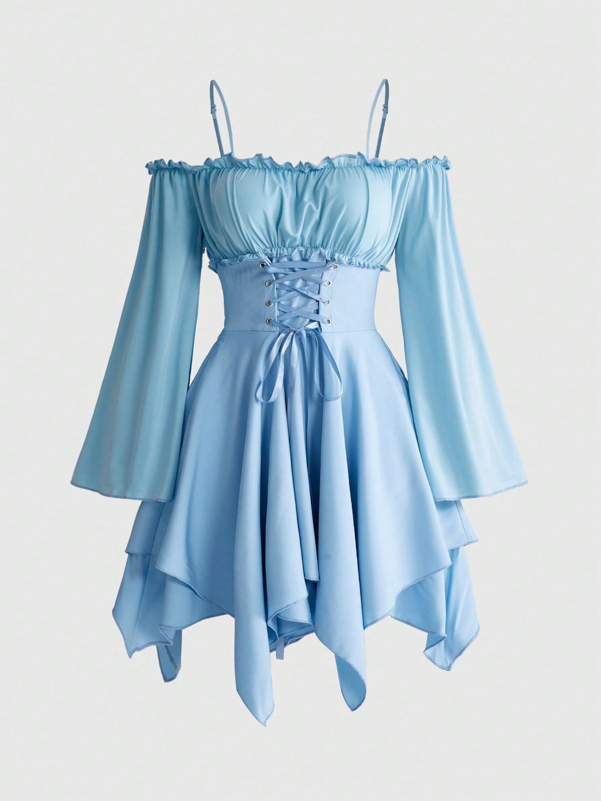 Women's fairycore renaissance cold shoulder short dress featuring spaghetti straps, lace-up backless detail, frill trim, and an asymmetrical hem.