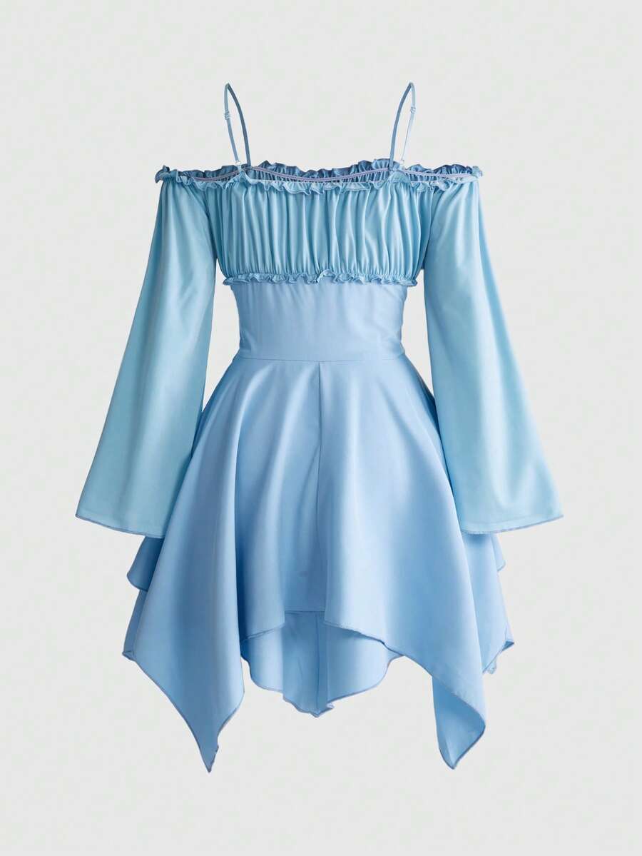 Women's fairycore renaissance cold shoulder short dress featuring spaghetti straps, lace-up backless detail, frill trim, and an asymmetrical hem.