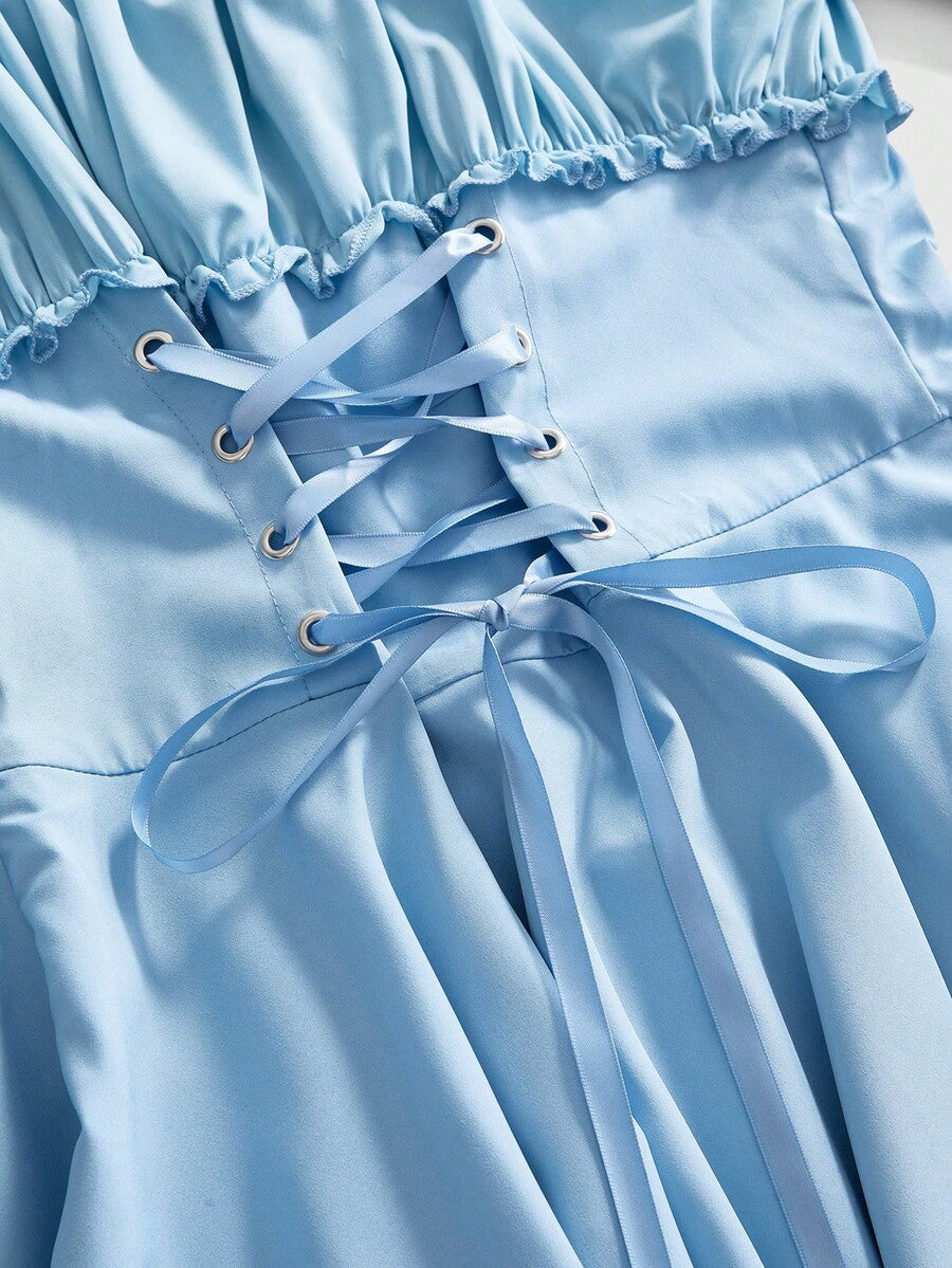 Women's fairycore renaissance cold shoulder short dress featuring spaghetti straps, lace-up backless detail, frill trim, and an asymmetrical hem.