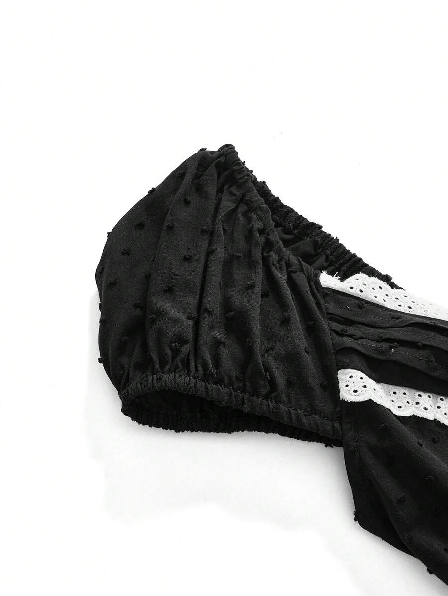 Women's deep V-neck cotton peplum blouse featuring short puff sleeves, delicate frill trim, and a flared hem.