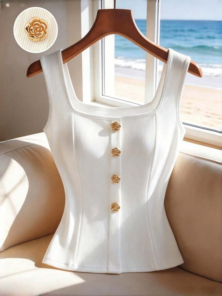 Women's slim fit square neck sleeveless knit tank top featuring a front faux placket with decorative gold metal buttons.