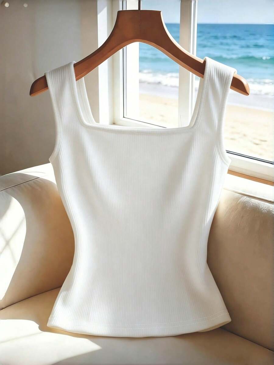 Women's slim fit square neck sleeveless knit tank top featuring a front faux placket with decorative gold metal buttons.