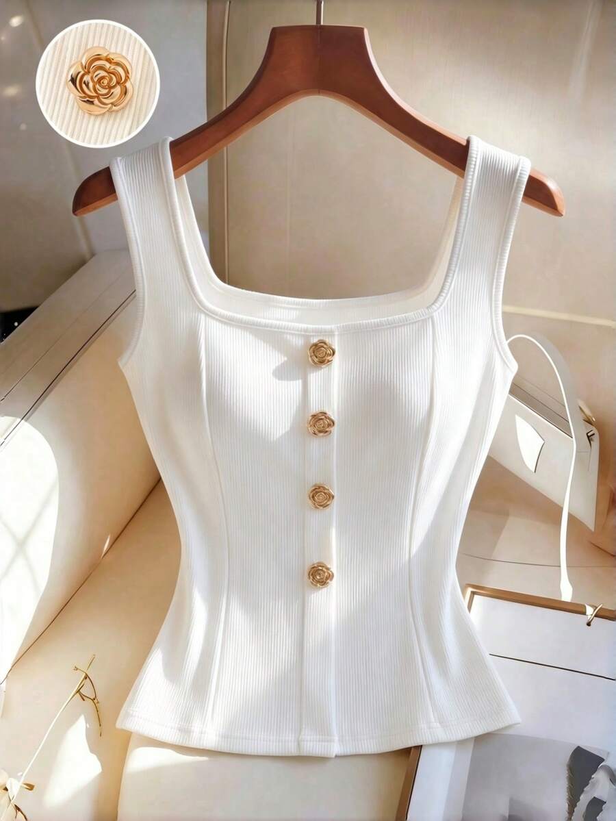 Women's slim fit square neck sleeveless knit tank top featuring a front faux placket with decorative gold metal buttons.