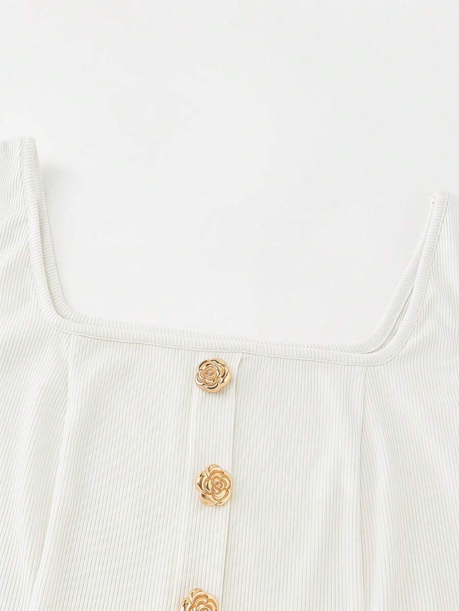 Women's slim fit square neck sleeveless knit tank top featuring a front faux placket with decorative gold metal buttons.