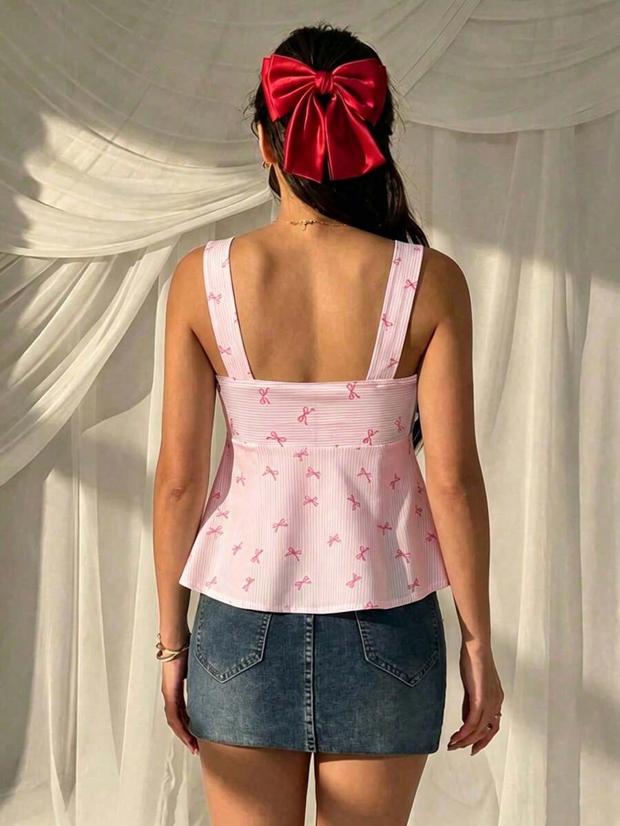 Women's striped camisole tank top with strap neckline, backless knot detail, cold shoulder styling, slim fit, and flared hem for casual vacation or daily wear.