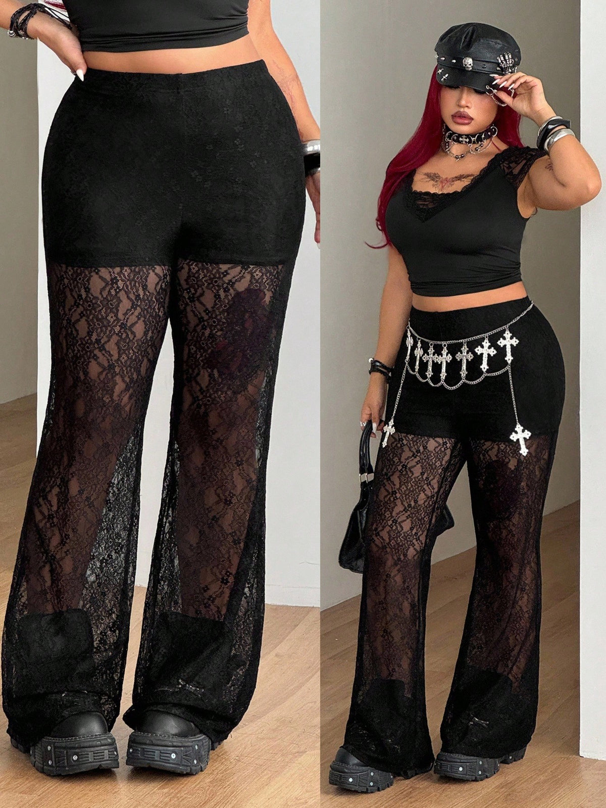 Women's plus size black flare leg pants with high elastic waist in stretchy knit fabric