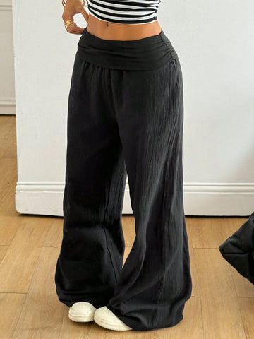 Women's 100% cotton casual wide leg pants with elastic waist and ruched detail