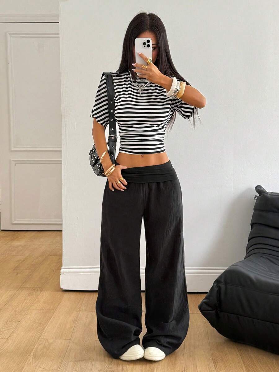 Women's 100% cotton casual wide leg pants with elastic waist and ruched detail