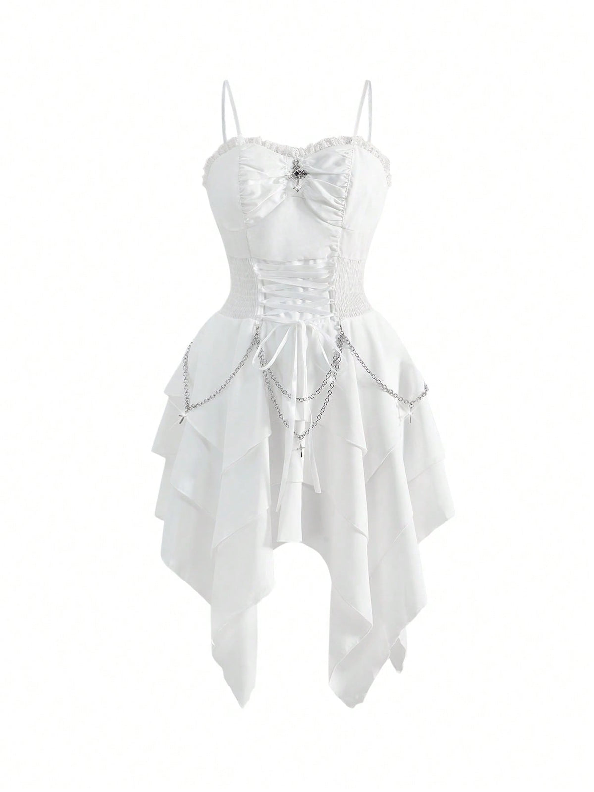 Women's vintage gothic cami dress with high-waist lace-up detail, spaghetti straps, zipper closure, and an asymmetrical knee-length hem.