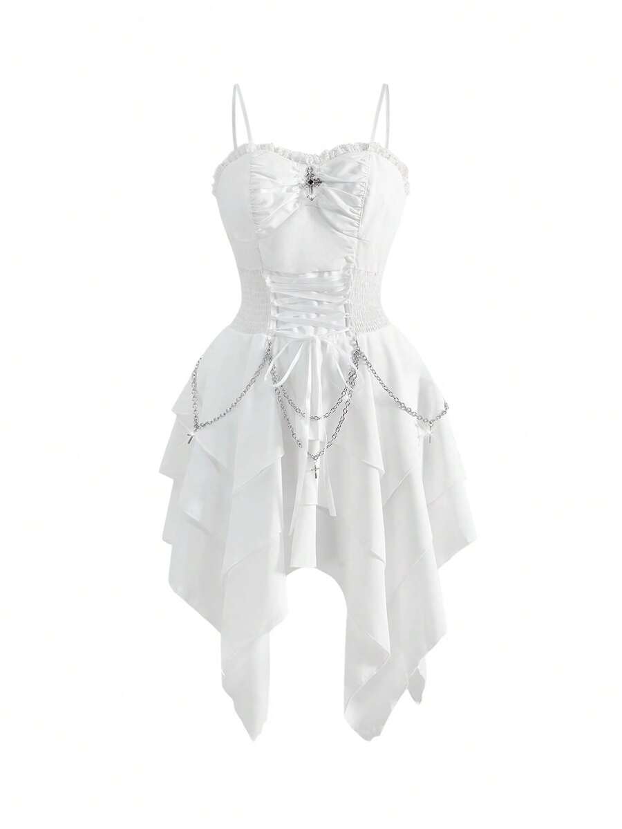 Women's vintage gothic cami dress with high-waist lace-up detail, spaghetti straps, zipper closure, and an asymmetrical knee-length hem.