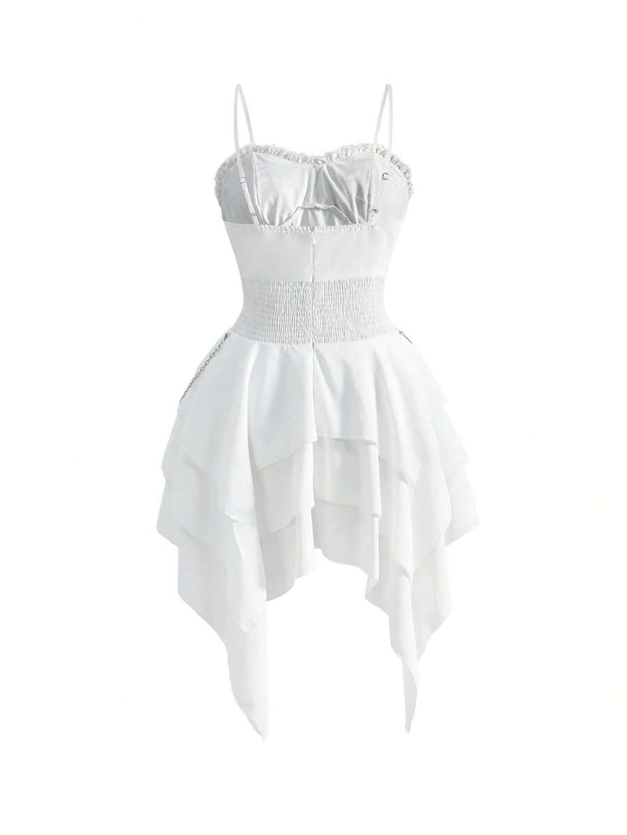 Women's vintage gothic cami dress with high-waist lace-up detail, spaghetti straps, zipper closure, and an asymmetrical knee-length hem.