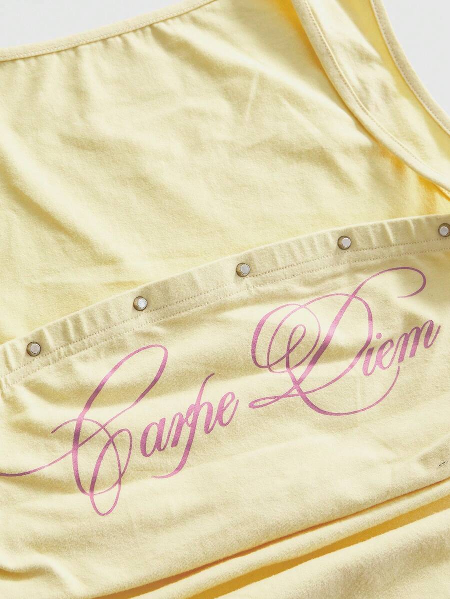 Fitted women's ruched tank top in stretch cotton knit featuring a square neckline and letter print pattern.