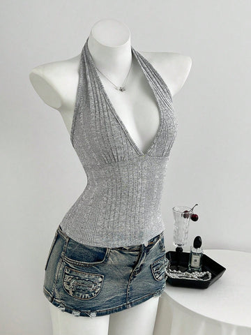 Women's light grey slim fit halter tank top featuring an asymmetrical hem and contrast mesh 2-in-1 detail.
