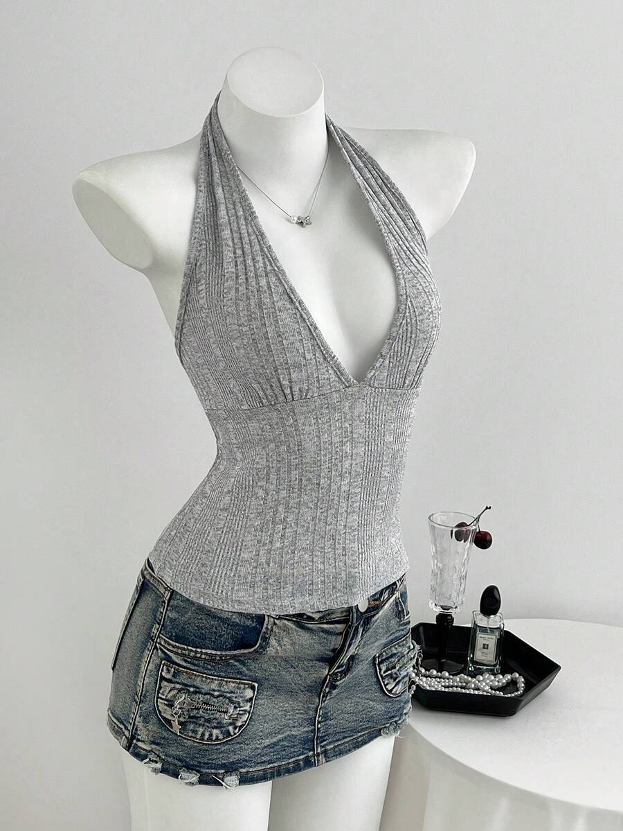 Women's light grey slim fit halter tank top featuring an asymmetrical hem and contrast mesh 2-in-1 detail.