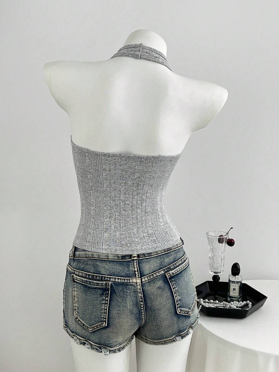 Women's light grey slim fit halter tank top featuring an asymmetrical hem and contrast mesh 2-in-1 detail.