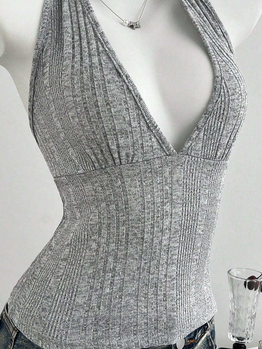 Women's light grey slim fit halter tank top featuring an asymmetrical hem and contrast mesh 2-in-1 detail.