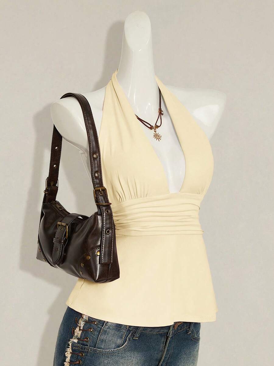 Women's backless halter babydoll tank top featuring a square neckline, slim fit silhouette, and a flared ruffle hem.