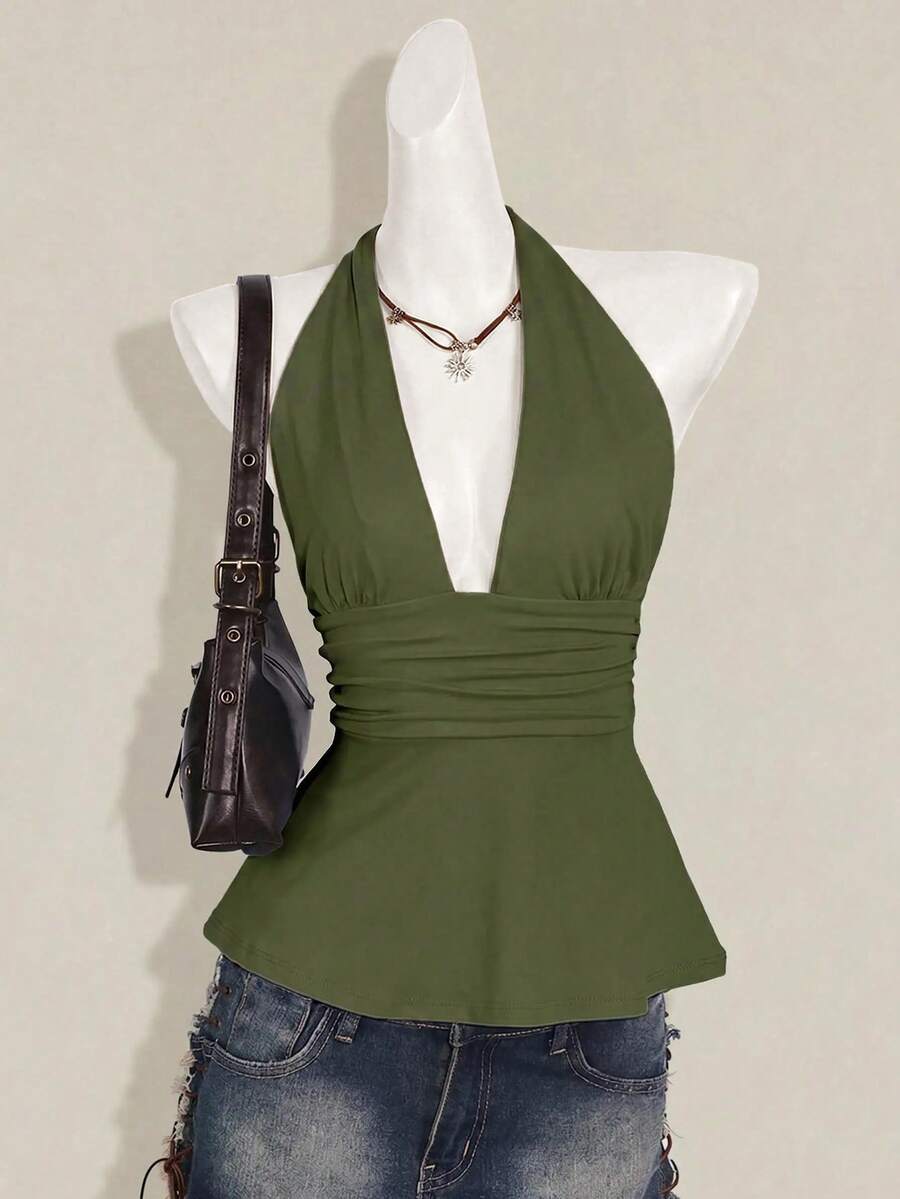 Women's backless halter babydoll tank top featuring a square neckline, slim fit silhouette, and a flared ruffle hem.