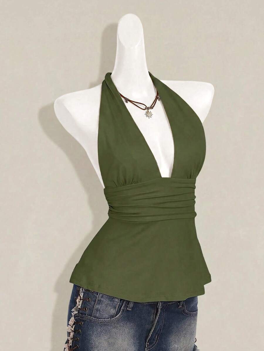 Women's backless halter babydoll tank top featuring a square neckline, slim fit silhouette, and a flared ruffle hem.