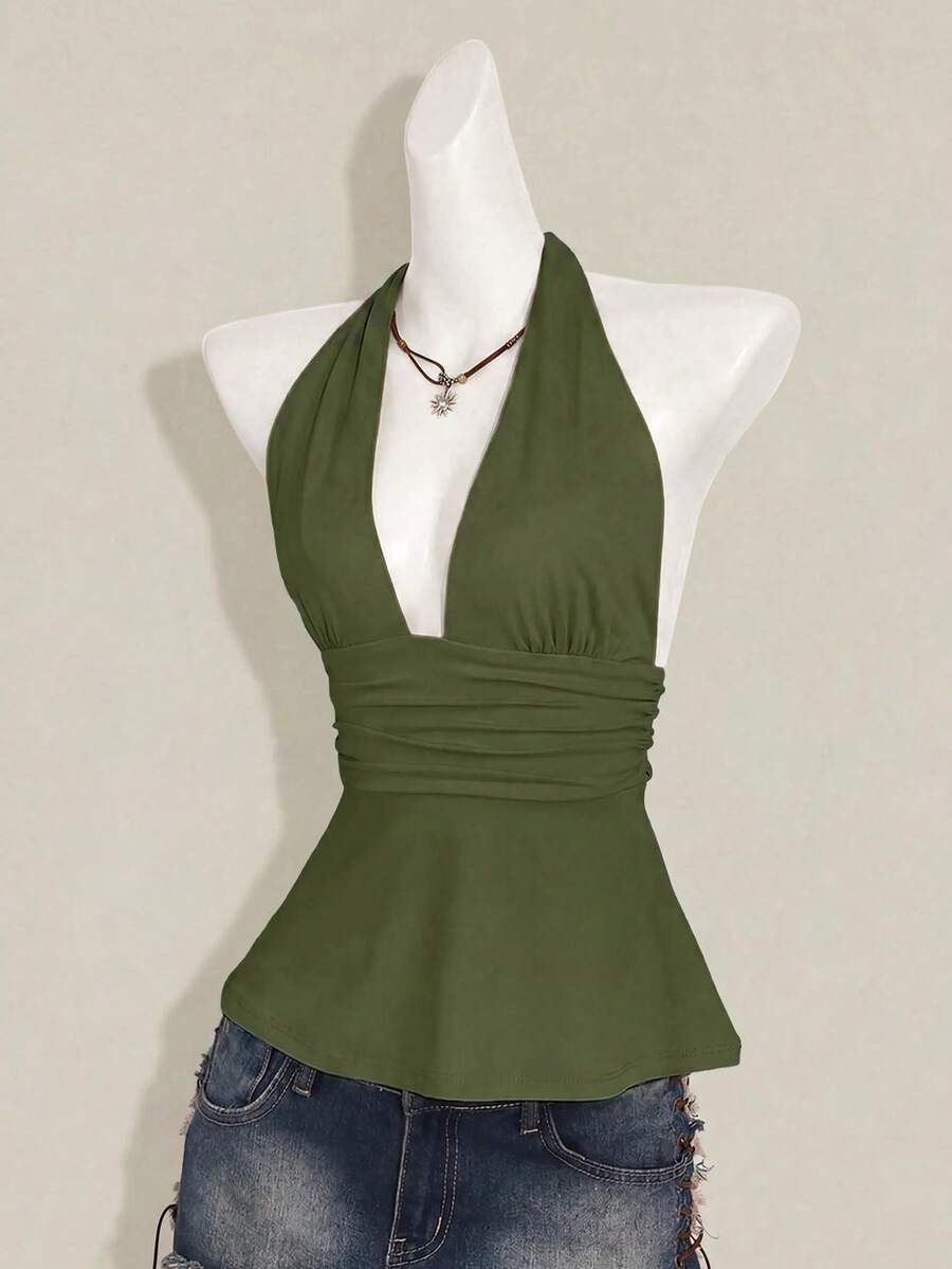 Women's backless halter babydoll tank top featuring a square neckline, slim fit silhouette, and a flared ruffle hem.