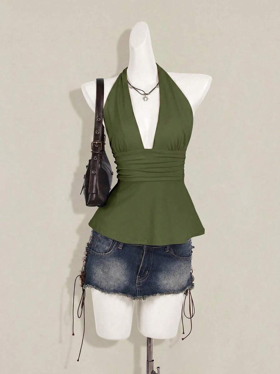 Women's backless halter babydoll tank top featuring a square neckline, slim fit silhouette, and a flared ruffle hem.