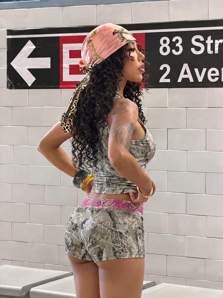 Women's Halloween print two-piece outfit with scoop neck camisole top and matching short biker track shorts in a slim fit