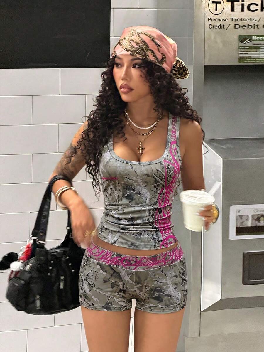 Women's Halloween print two-piece outfit with scoop neck camisole top and matching short biker track shorts in a slim fit