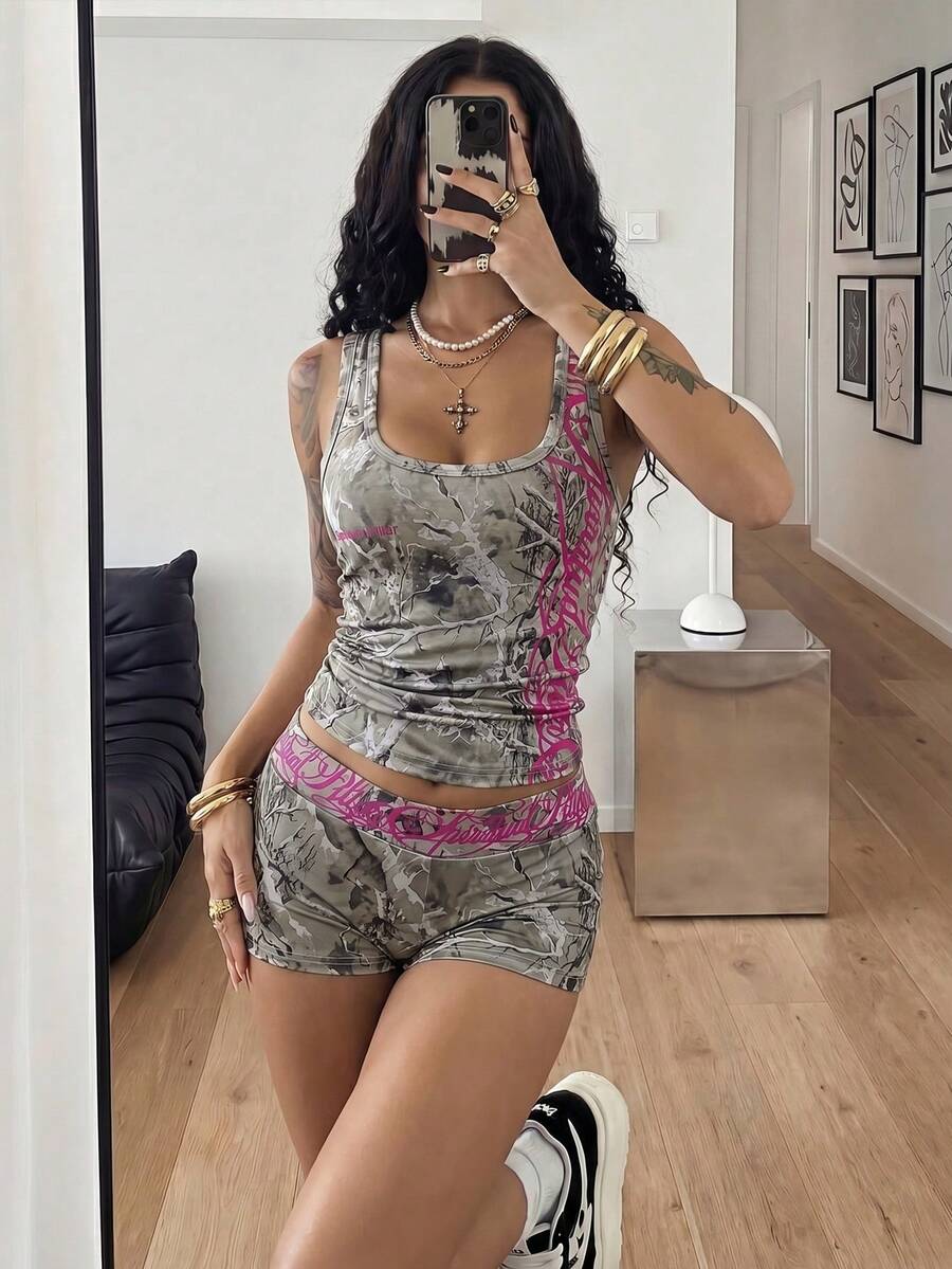 Women's Halloween print two-piece outfit with scoop neck camisole top and matching short biker track shorts in a slim fit