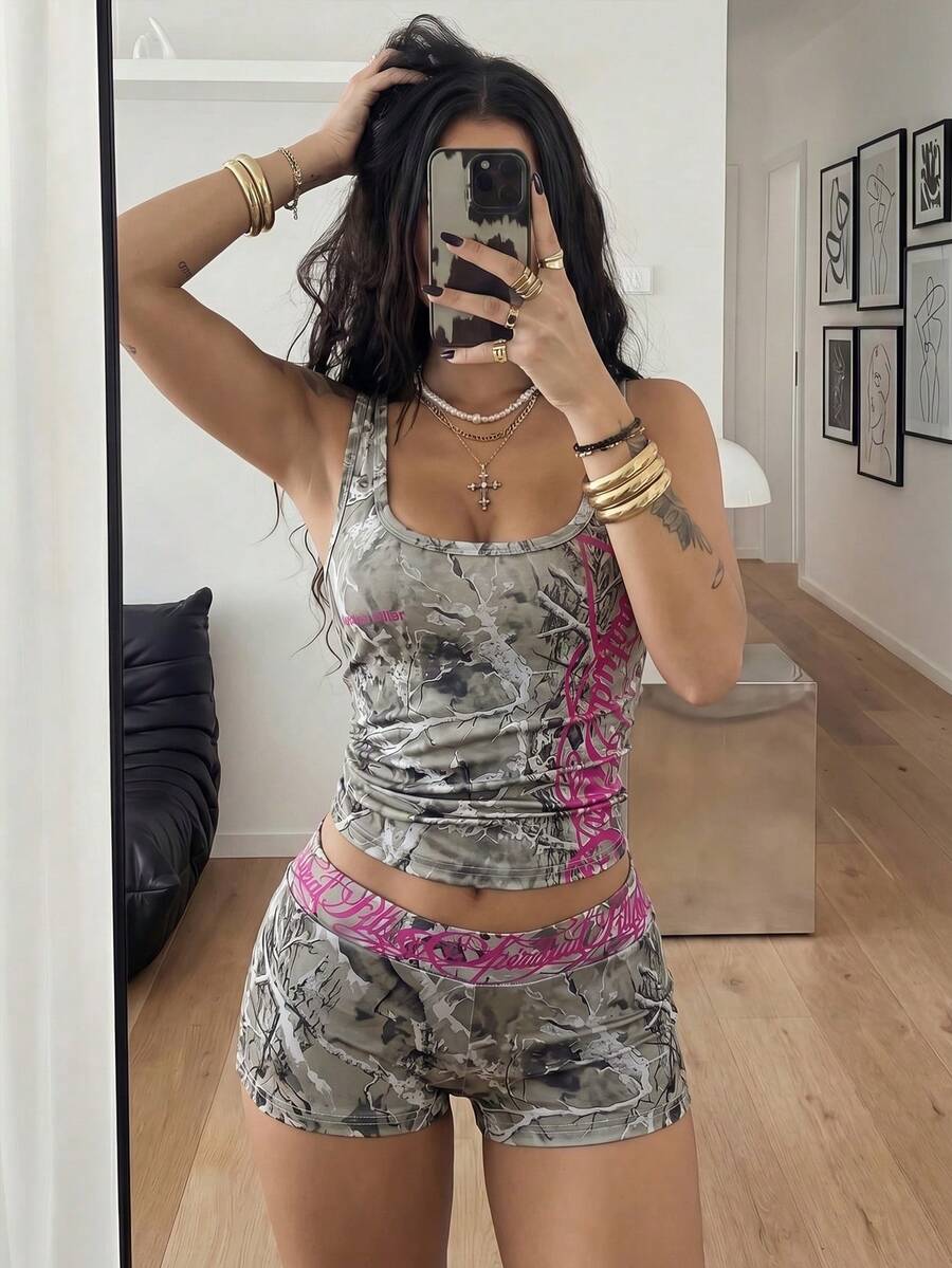 Women's Halloween print two-piece outfit with scoop neck camisole top and matching short biker track shorts in a slim fit