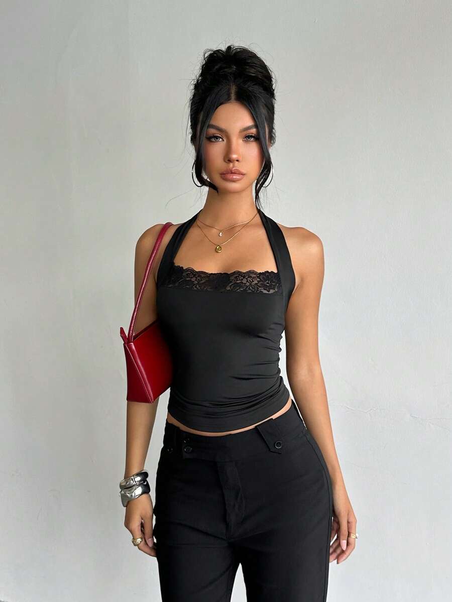 Women's black slim fit halter tank top with contrast lace trim and plant pattern, regular length knitted fabric top