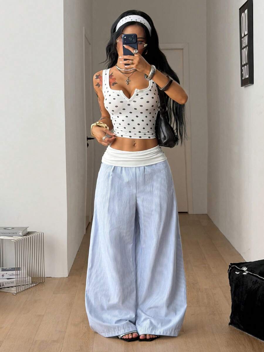 Women's 100% cotton casual wide leg pants with elastic waist and ruched detail