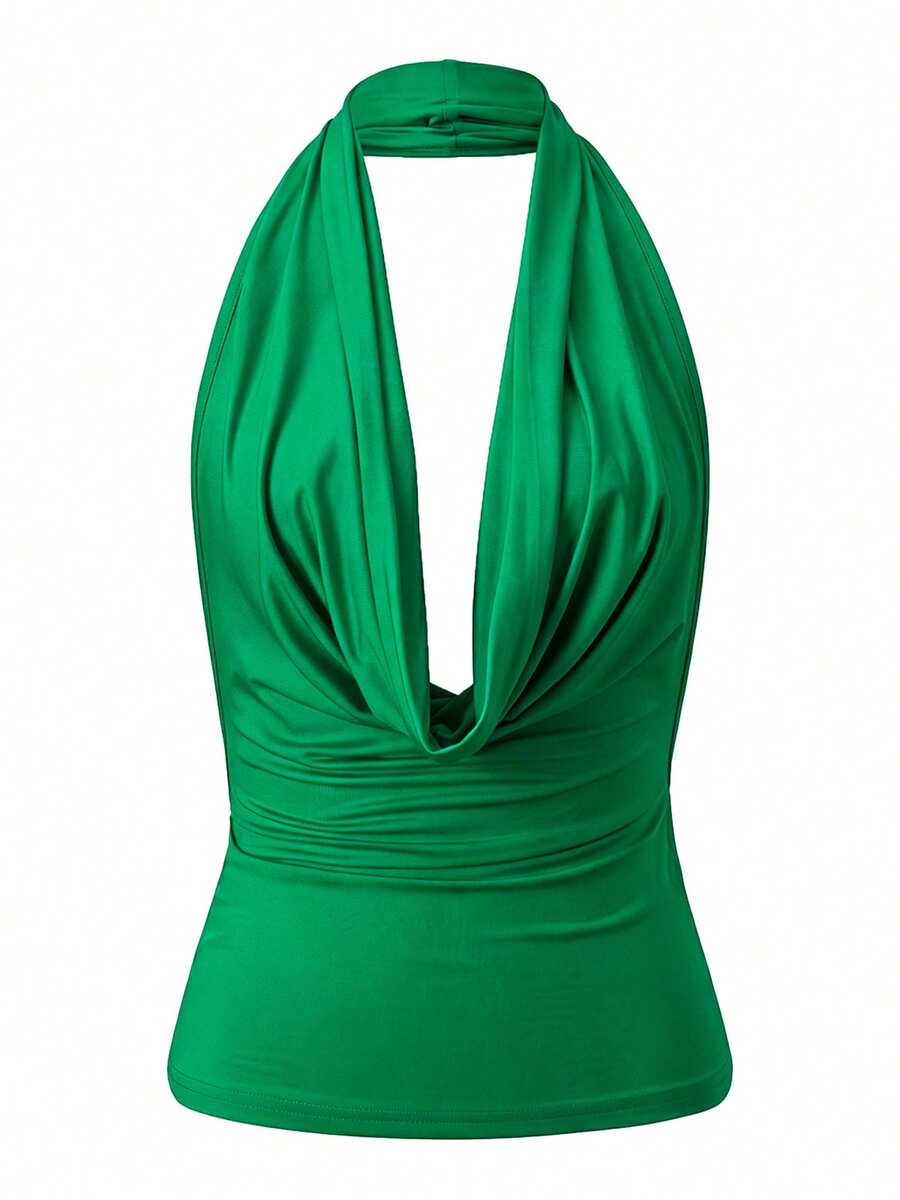 Women's backless halter crop top featuring a draped cowl front, knot detail, and slim fit design.