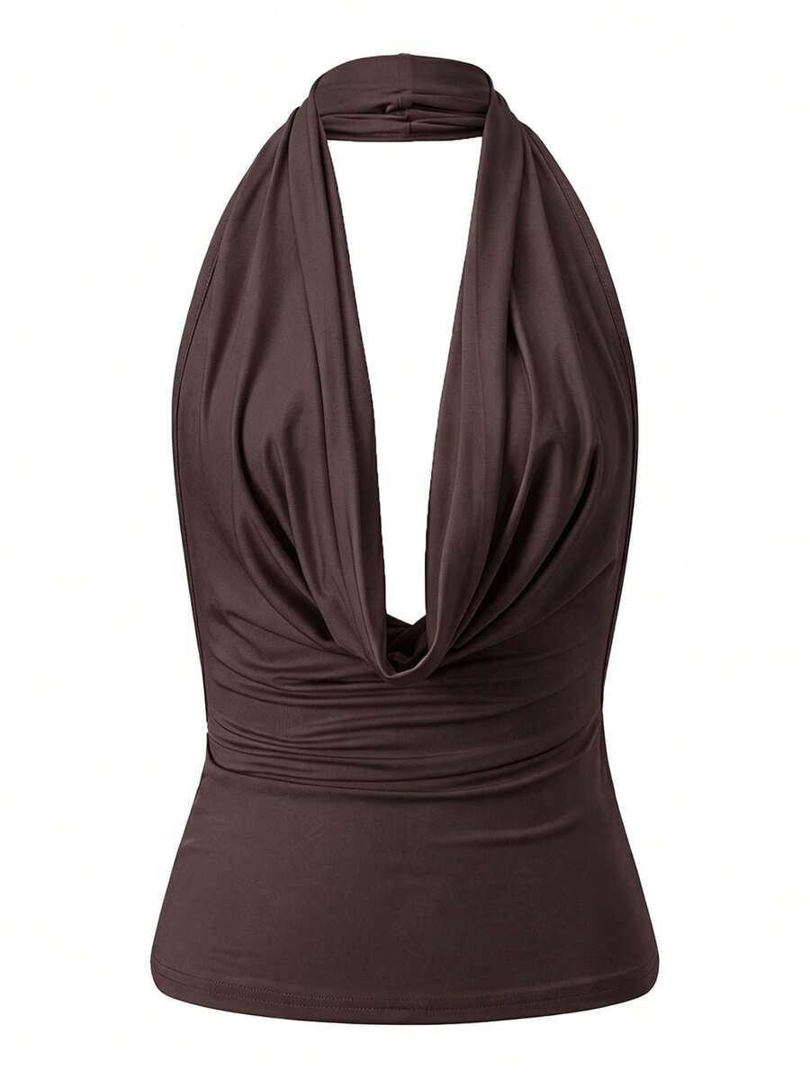 Women's backless halter crop top featuring a draped cowl front, knot detail, and slim fit design.