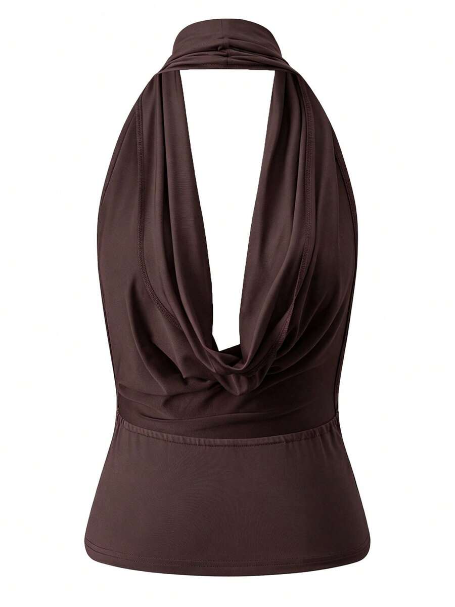 Women's backless halter crop top featuring a draped cowl front, knot detail, and slim fit design.