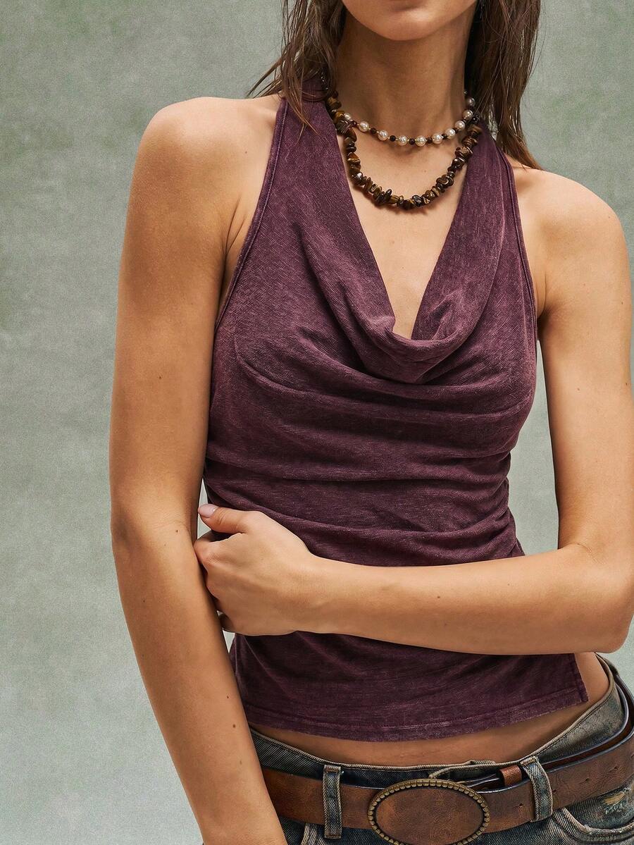 Women's casual solid color knit tank top with a backless halter neck design.