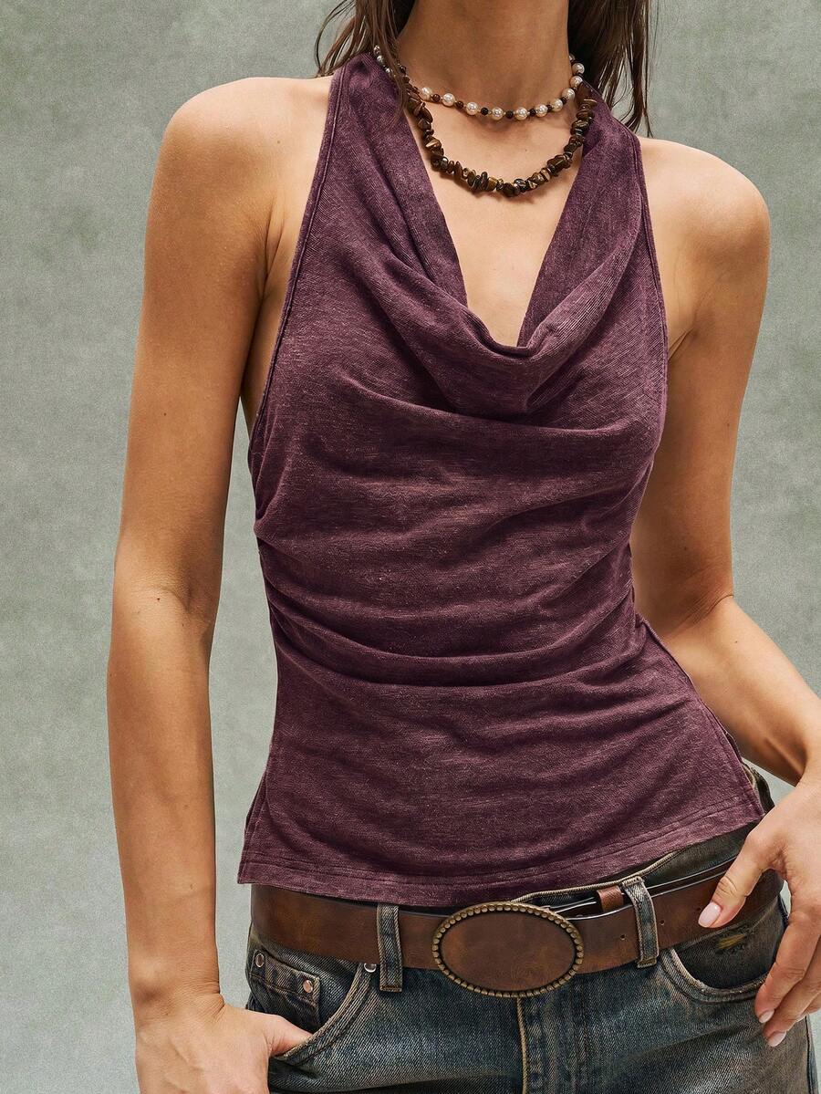 Women's casual solid color knit tank top with a backless halter neck design.