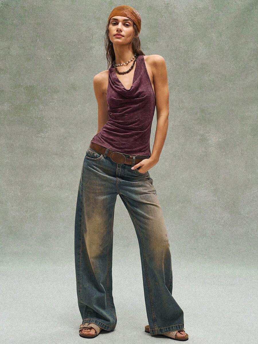 Women's casual solid color knit tank top with a backless halter neck design.
