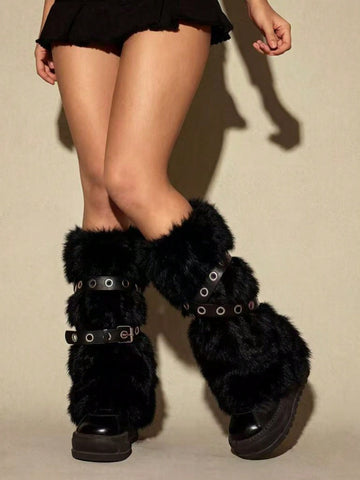 Pair of fuzzy leopard print leg warmers for women in a stylish winter goth aesthetic