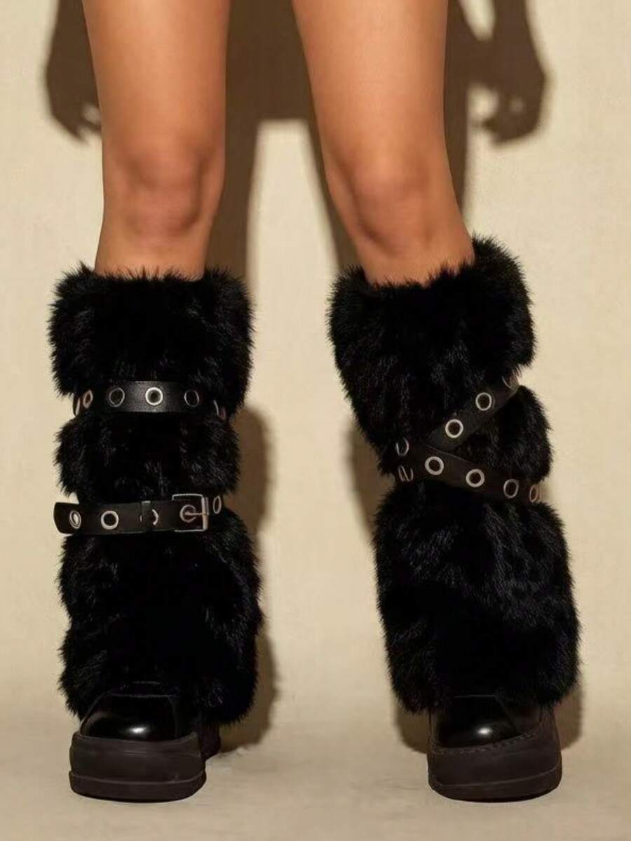 Pair of fuzzy leopard print leg warmers for women in a stylish winter goth aesthetic