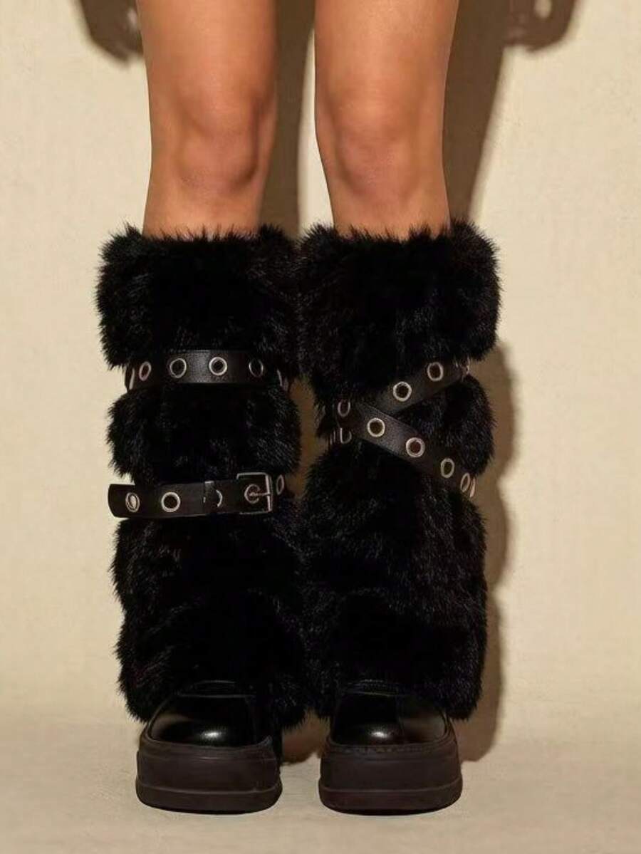 Pair of fuzzy leopard print leg warmers for women in a stylish winter goth aesthetic