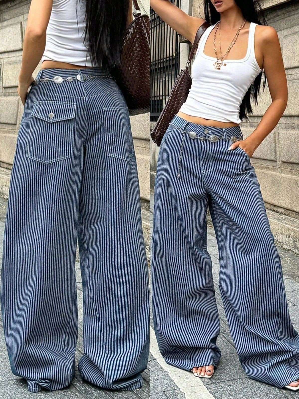 Front view of women's loose wide leg denim jeans featuring a mid waist, classic front pockets, and a zipper fly closure.