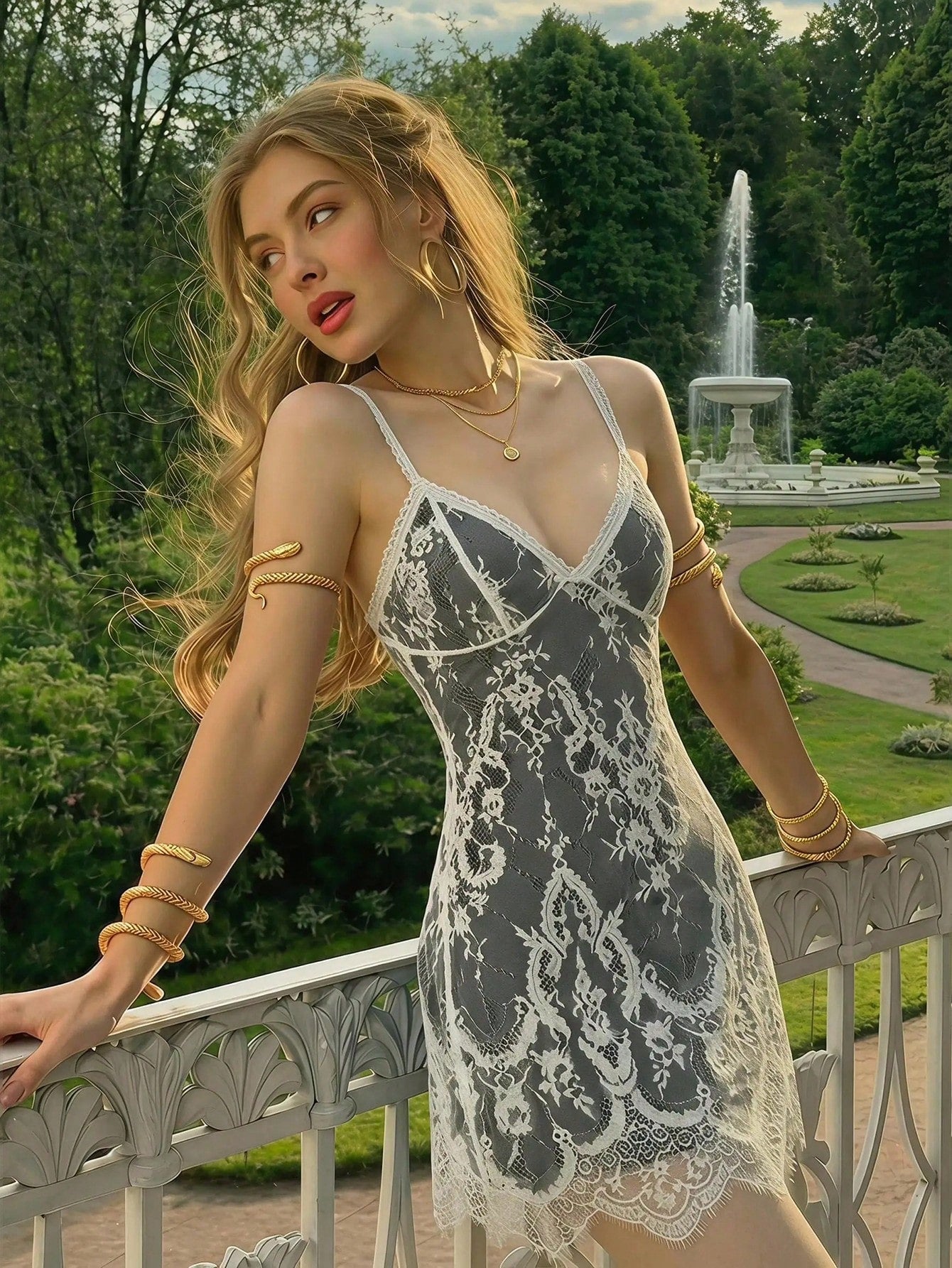 Women's short lace cami dress with spaghetti straps, contrast lace detailing, high waist, slim fit, and straight hem.